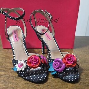 Betsey Johnson Black Polka Dot Heels with Floral Accents